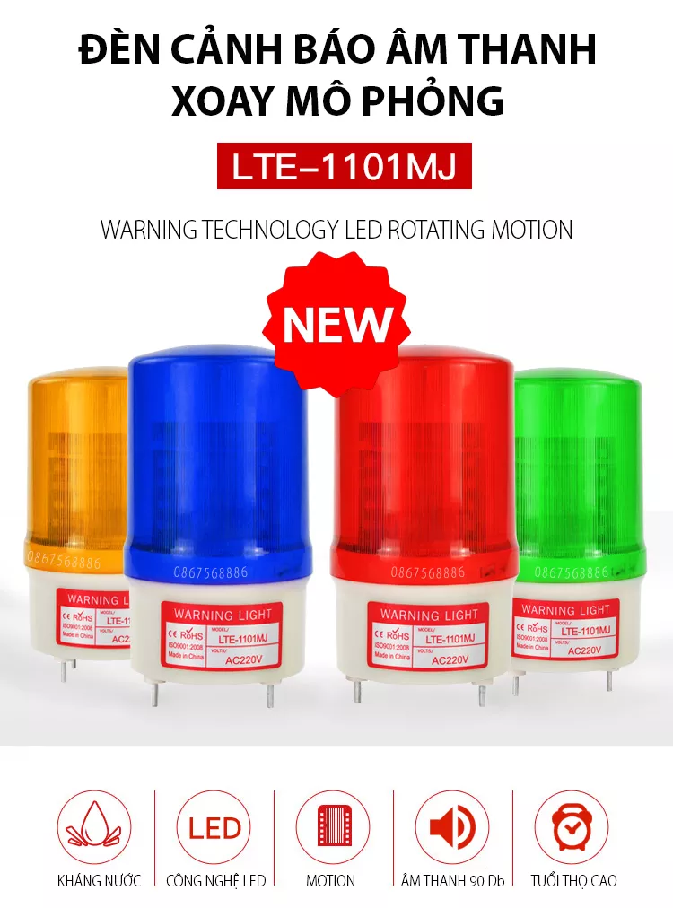 LTE-1101MJ-48V-RED Đèn cảnh báo Màu đỏ Điện áp 48VDC Có âm thanh công nghệ LED motion hoàn toàn mới